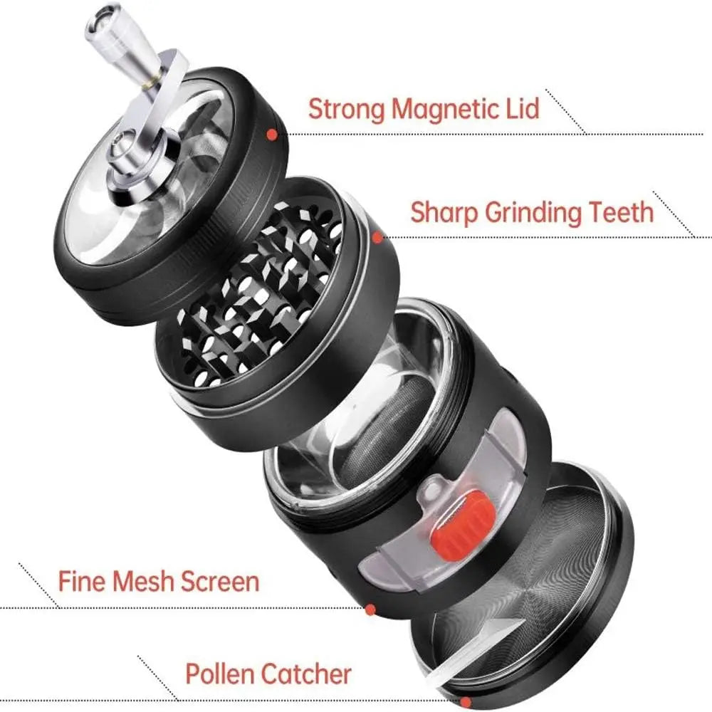 2.4" 4 PC Black Tobacco Herb Spice Grinder W/ Handle Crank & Drawer Crusher gift  Dad friend