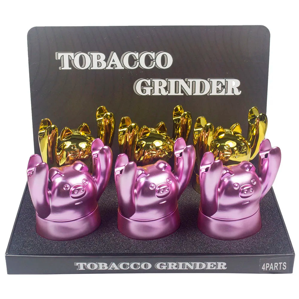 1.5" Tobacco Herb Grinder Spice Herbal 4 PC Smoke Crusher 3D Cat Hands up Holder Golden pig