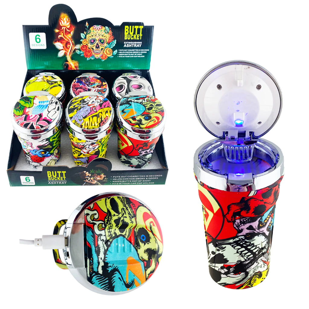 Portable Car Travel Cigarette Cylinder Candy Ashtray Holder Cup LED Light Colorful Abstract Art LED Ashtray with Blue Illuminate
