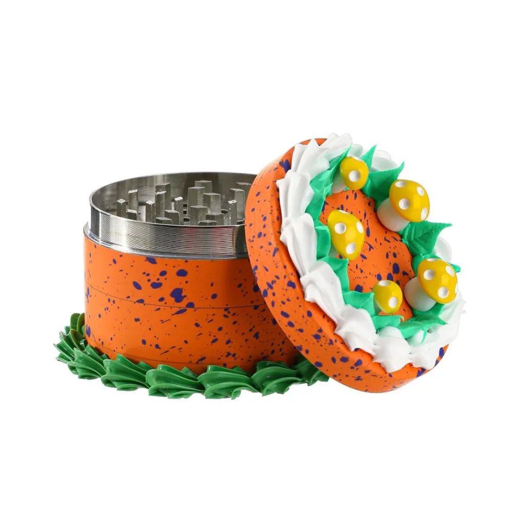 2.5" 4 PC 3D Birthday Cake with Yellow Mushrooms Design Metal Tobacco Herb Spice Grinder Smoke Crusher Orange color