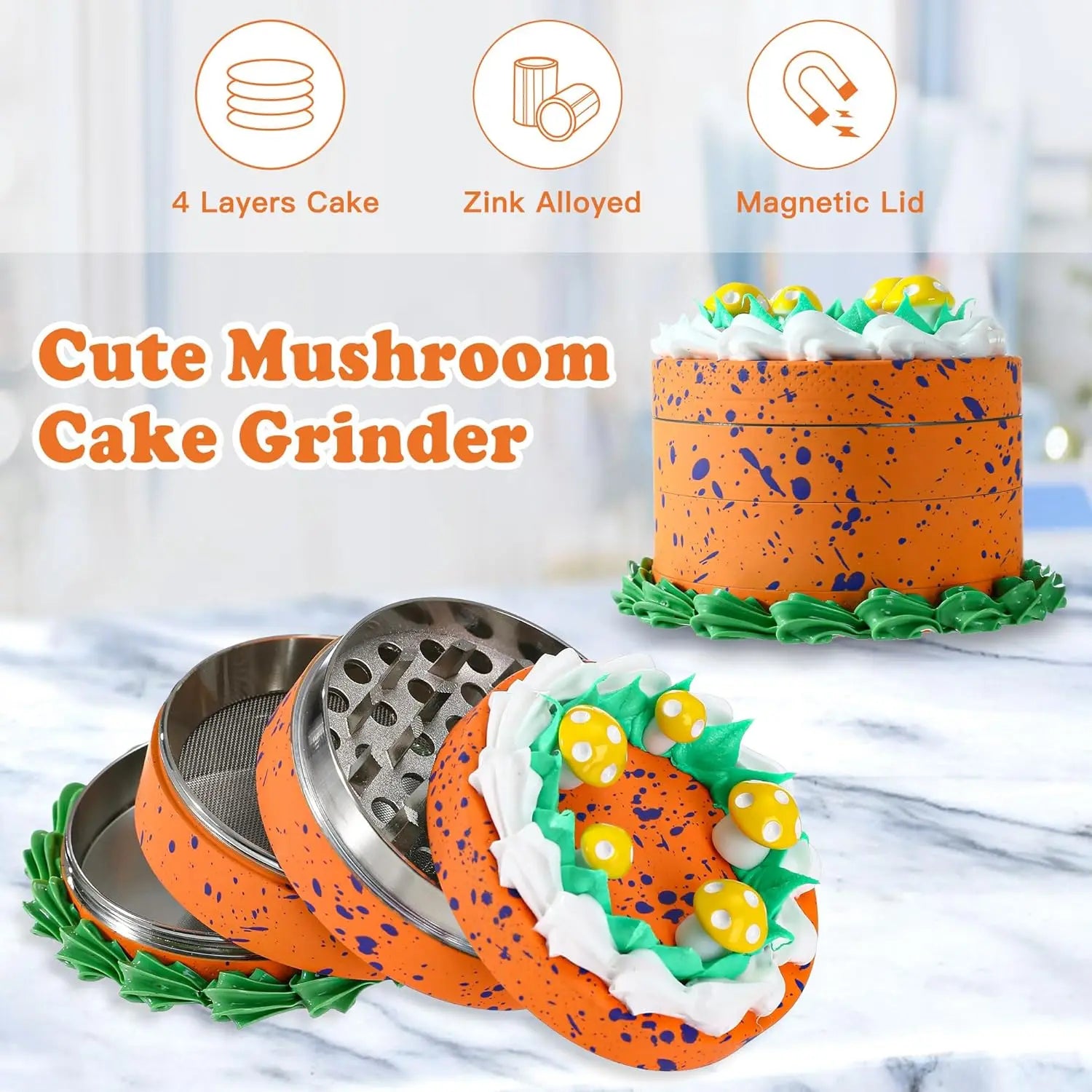 2.5" 4 PC 3D Birthday Cake with Yellow Mushrooms Design Metal Tobacco Herb Spice Grinder Smoke Crusher Orange color