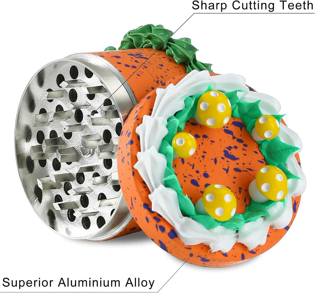 2.5" 4 PC 3D Birthday Cake with Yellow Mushrooms Design Metal Tobacco Herb Spice Grinder Smoke Crusher Orange color