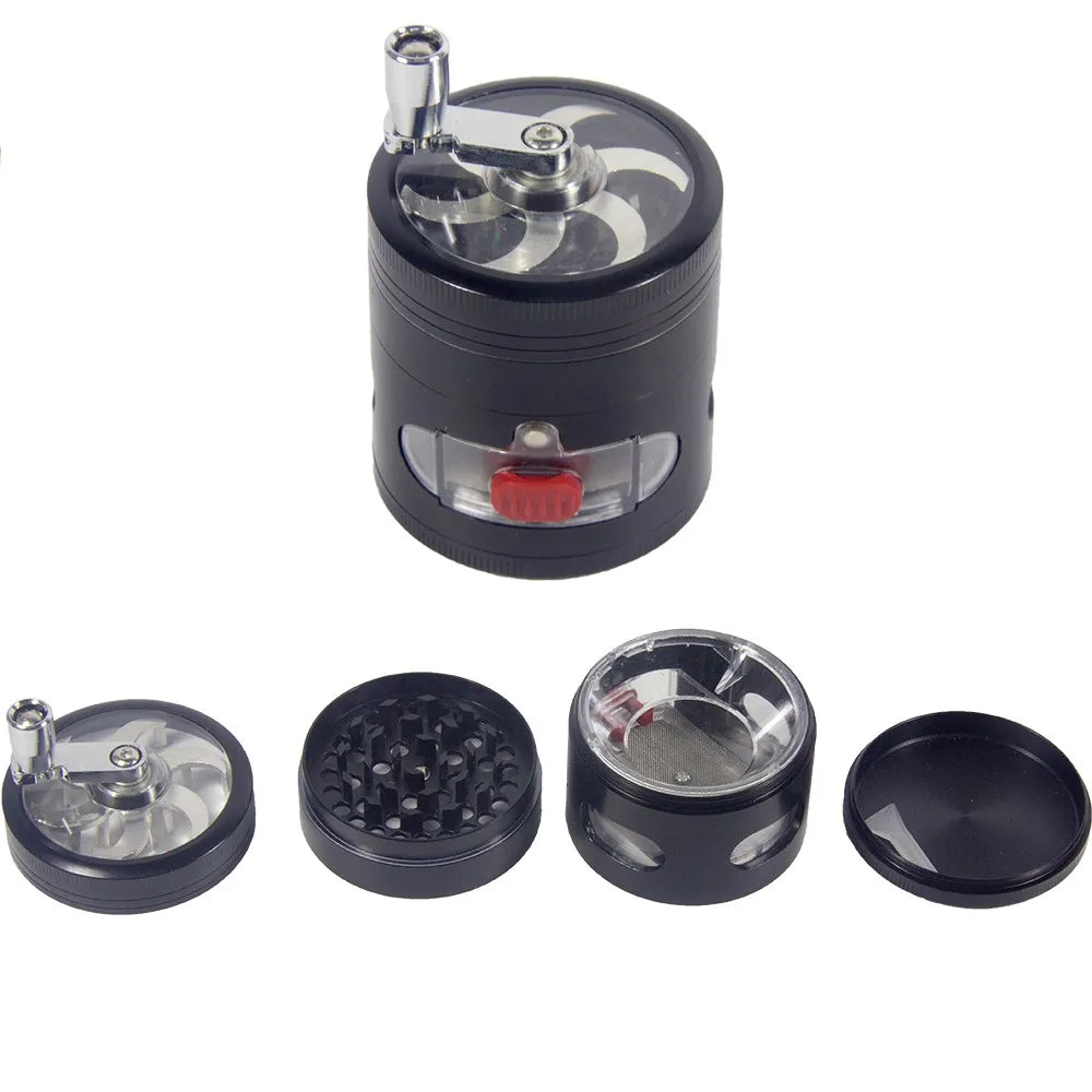 2.4" 4 PC Black Tobacco Herb Spice Grinder W/ Handle Crank & Drawer Crusher gift  Dad friend