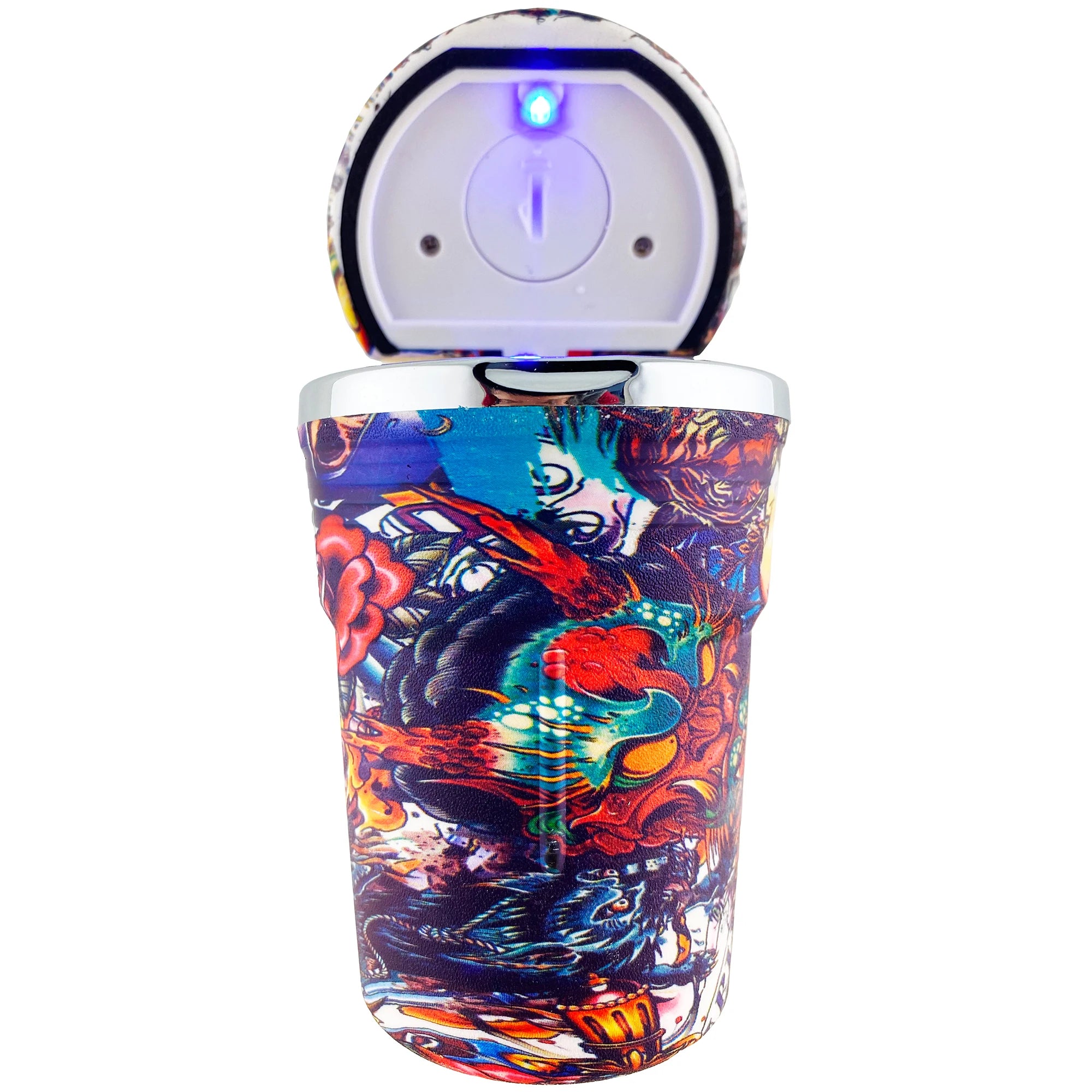 Portable Car Travel Cigarette Cylinder Candy Ashtray Holder Cup LED Light Colorful Abstract Art LED Ashtray with Blue Illuminate