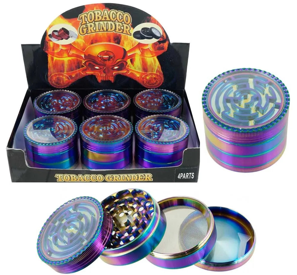 2.45" Maze Top 4 Piece Grinder Herb Spice Crusher Rainbow Color