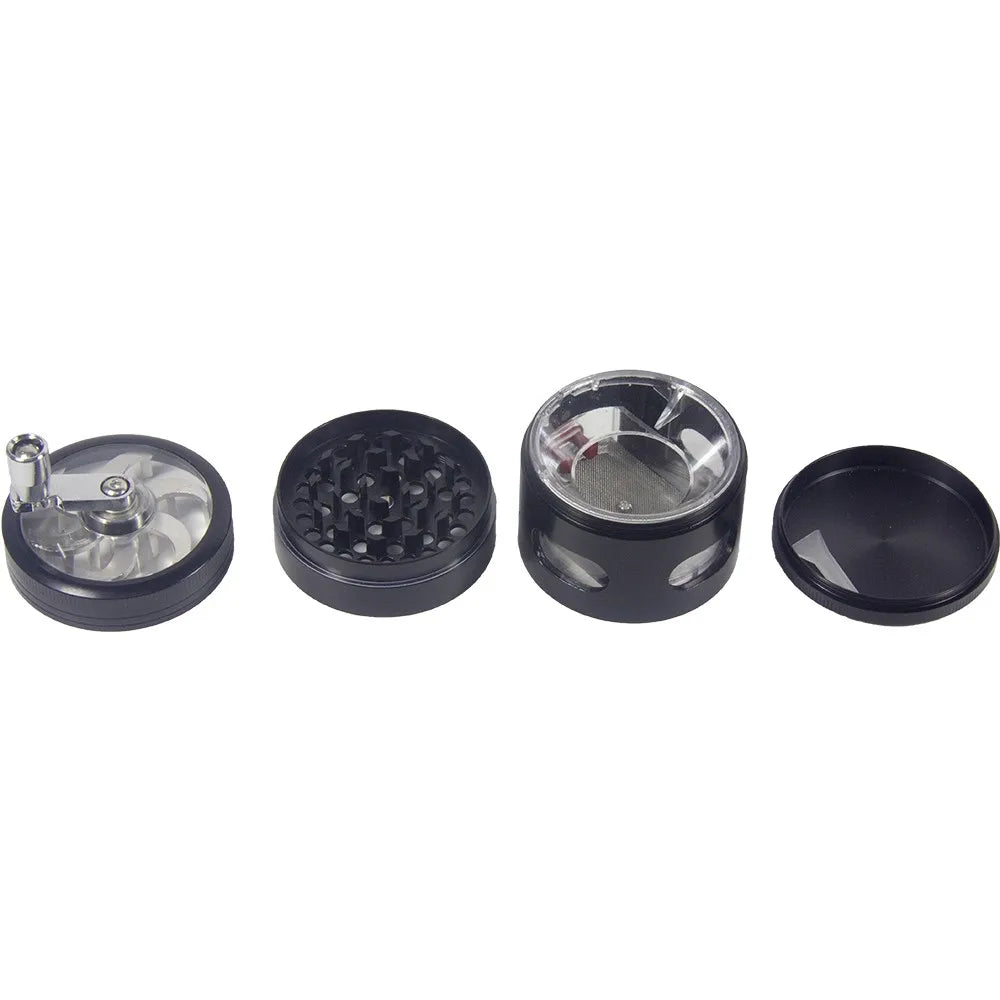 2.4" 4 PC Black Tobacco Herb Spice Grinder W/ Handle Crank & Drawer Crusher gift  Dad friend
