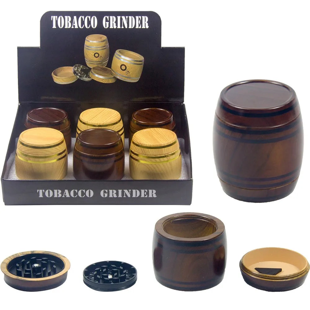 2.5" 4 PC Tobacco Herb Spice Grinder Wine Barrel Design Wooden Look Crusher