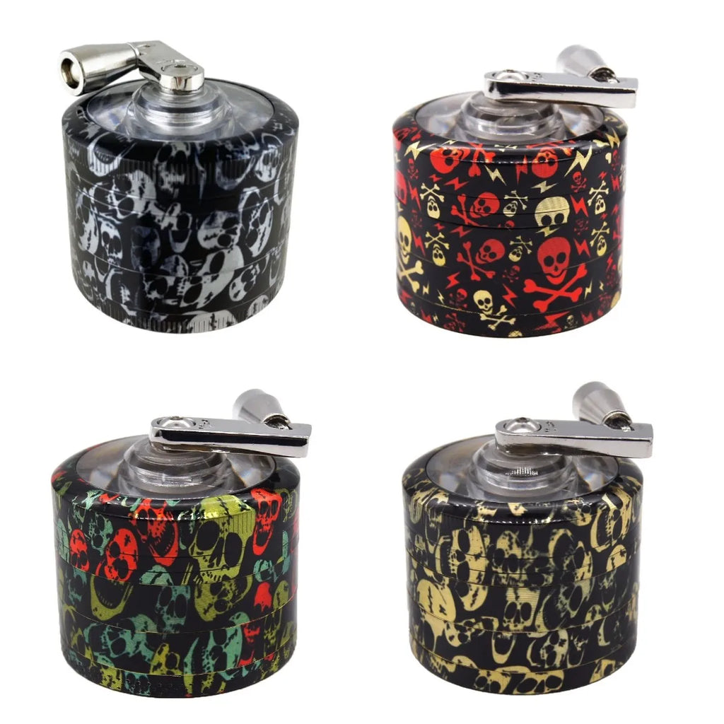 2" Tobacco Herb Spice Grinder W/ Handle Crank Smoke Metal Chromium Crusher Skull