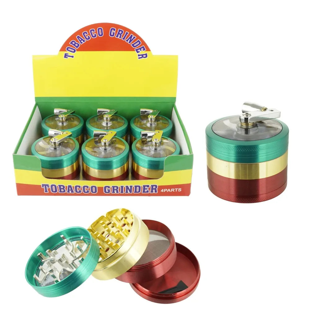 2.4" 4 PC Tobacco Herb Spice metal Grinder W/ Handle Crank Smoke Crusher Rasta Color