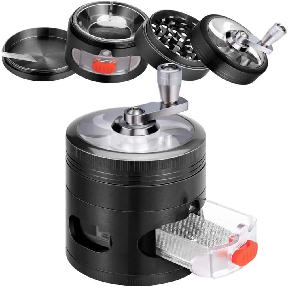 2.4" 4 PC Black Tobacco Herb Spice Grinder W/ Handle Crank & Drawer Crusher gift  Dad friend
