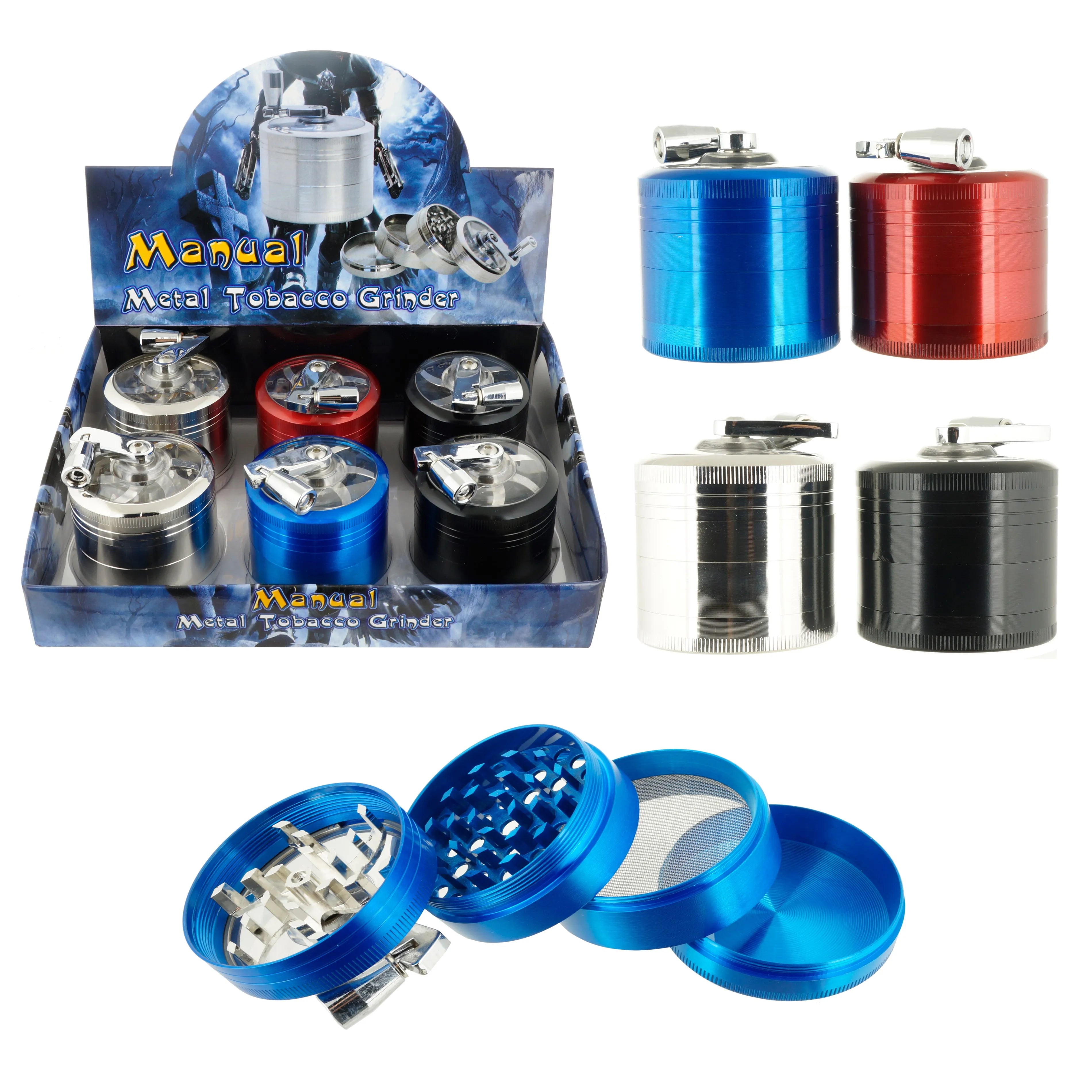 2.1" 4 PC Aluminum Tobacco Herb Spice Crusher Crank Tobacco Spice Grinder Handle Crank Smoke Metal Chromium Crusher Skull