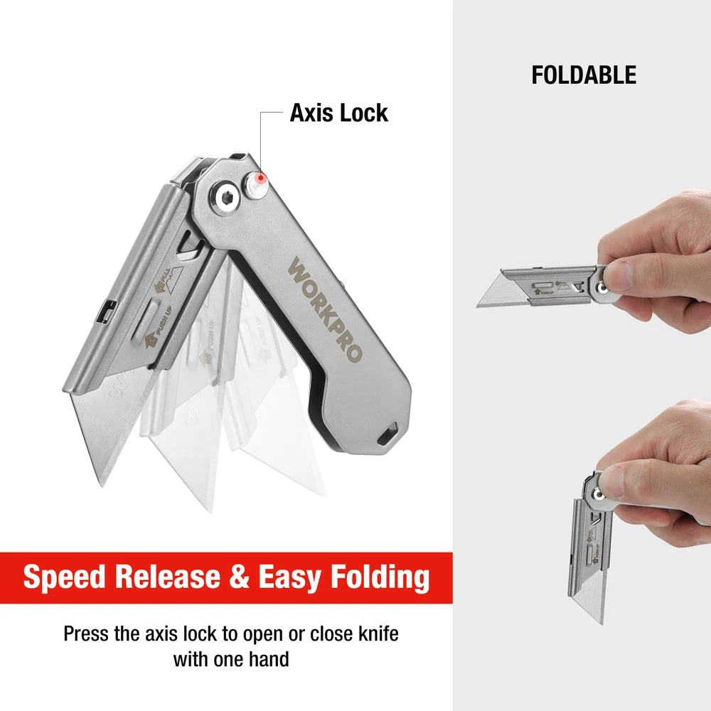 WORKPRO 3pcs Folding Utility Knife Stainless Steel Quick Realse Pocket Knife with Belt Clip Sharp Blade General-Purpose Cutting