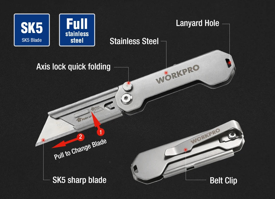 WORKPRO 3pcs Folding Utility Knife Stainless Steel Quick Realse Pocket Knife with Belt Clip Sharp Blade General-Purpose Cutting