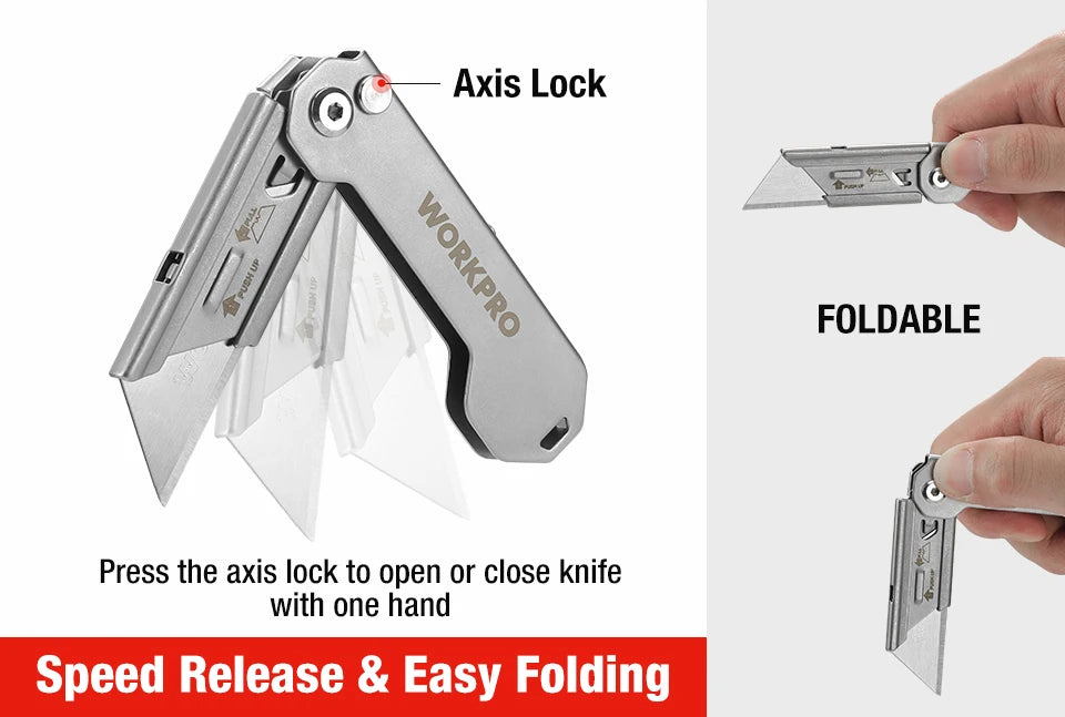 WORKPRO 3pcs Folding Utility Knife Stainless Steel Quick Realse Pocket Knife with Belt Clip Sharp Blade General-Purpose Cutting