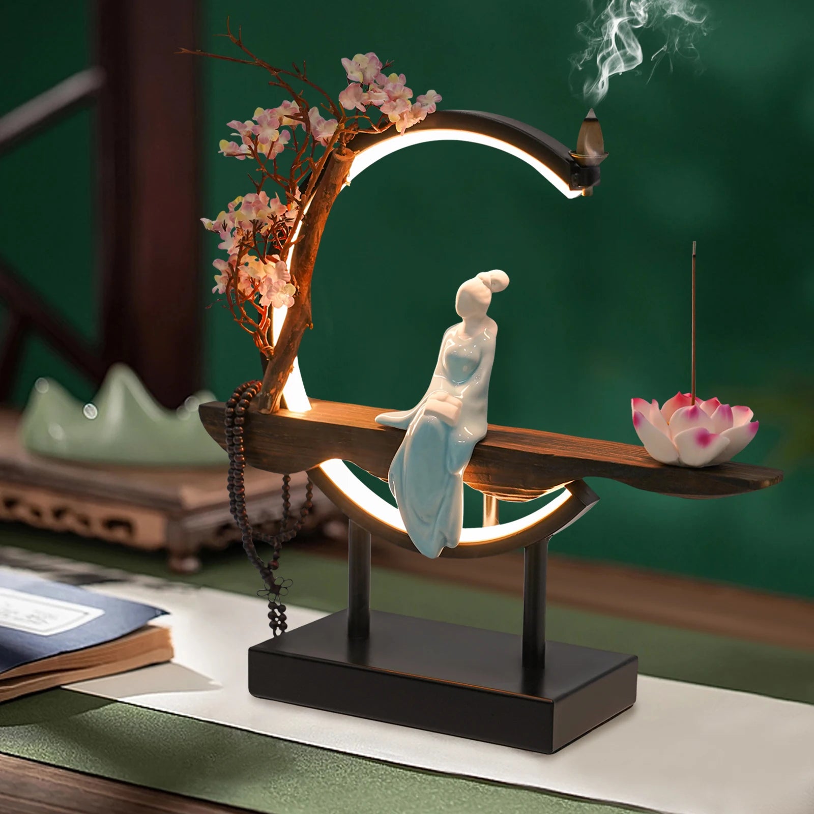Backflow Incense Burner,Classical Backflow Incense Burner with LED Light,Decorative Incense Stand with Fake Peach Blossoms