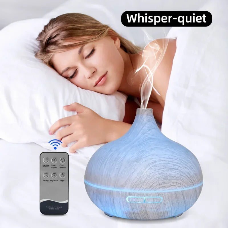 550ml Wood Grain Aromatherapy Diffuser & Humidifier with Remote Control, 6 Essential Oils Included, Ultrasonic Silent Operation