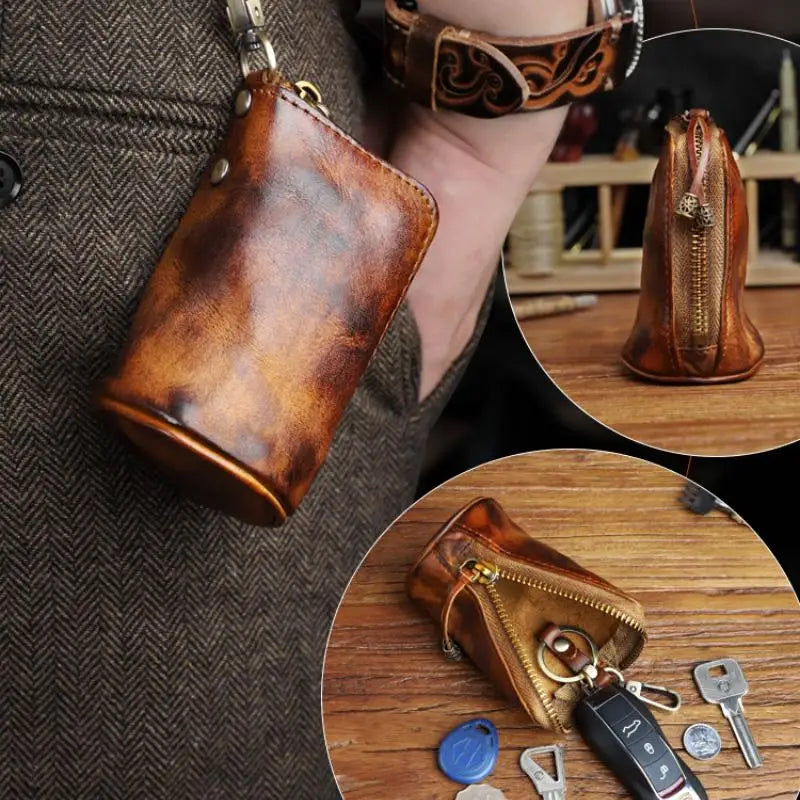 1pc Viking Sporran Mini Handcrafted Thick Leather Waist Bag Change Holder Pouch Keychain Zipper Coin Purse for Men and Women