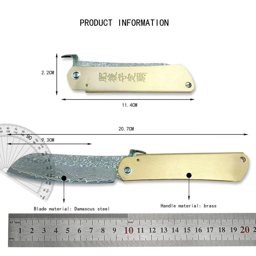 Bronze Handle Folding Knife Damascus Steel Blade A Versatile Cutting Knife for Both Emergency and Daily Use Perfect Gift for Men