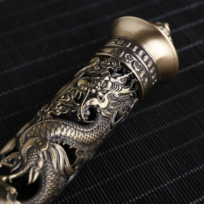 Retro Vertical Incense Burner Buddha Heart Sutra Dragon Phoenix Pillar Metal Incense Stick Home Office Ceremony Decoration