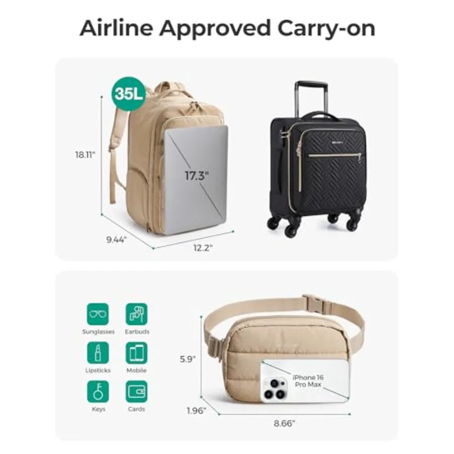 35L Travel Backpack Women, 17.3 Inch Carry On Backpack Flight Approved, Personal Item Backpack Travel Bag, Water Resistant Casu