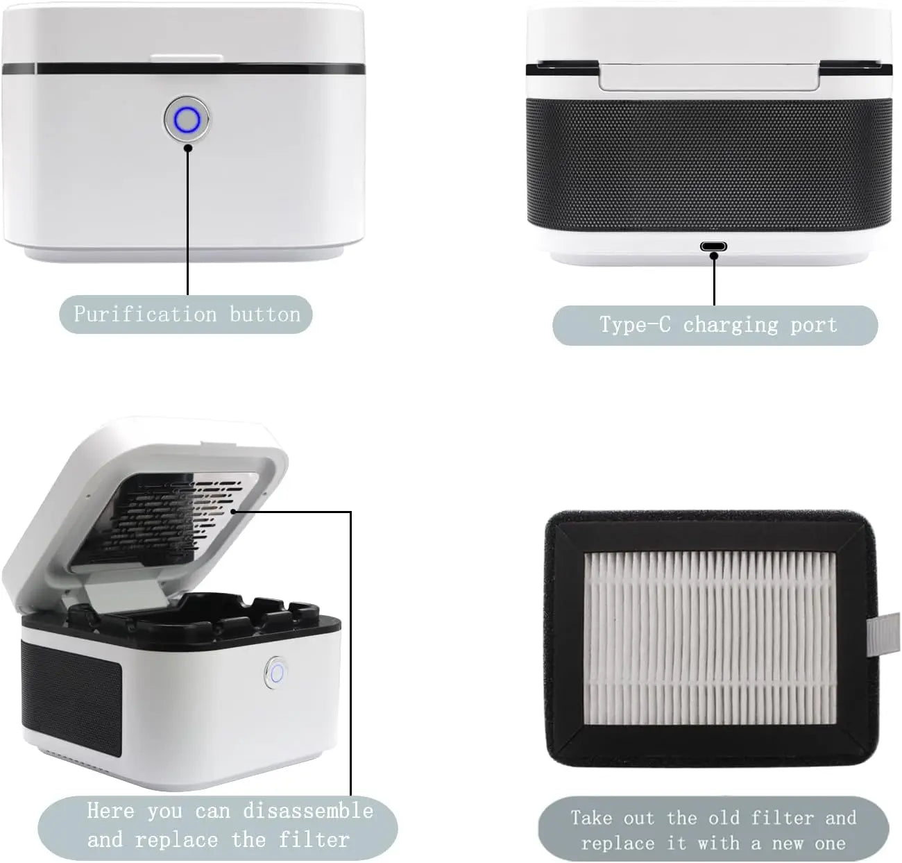 Smokeless Ashtray with HEPA Filter, USB Charging for Home or Car Use - White