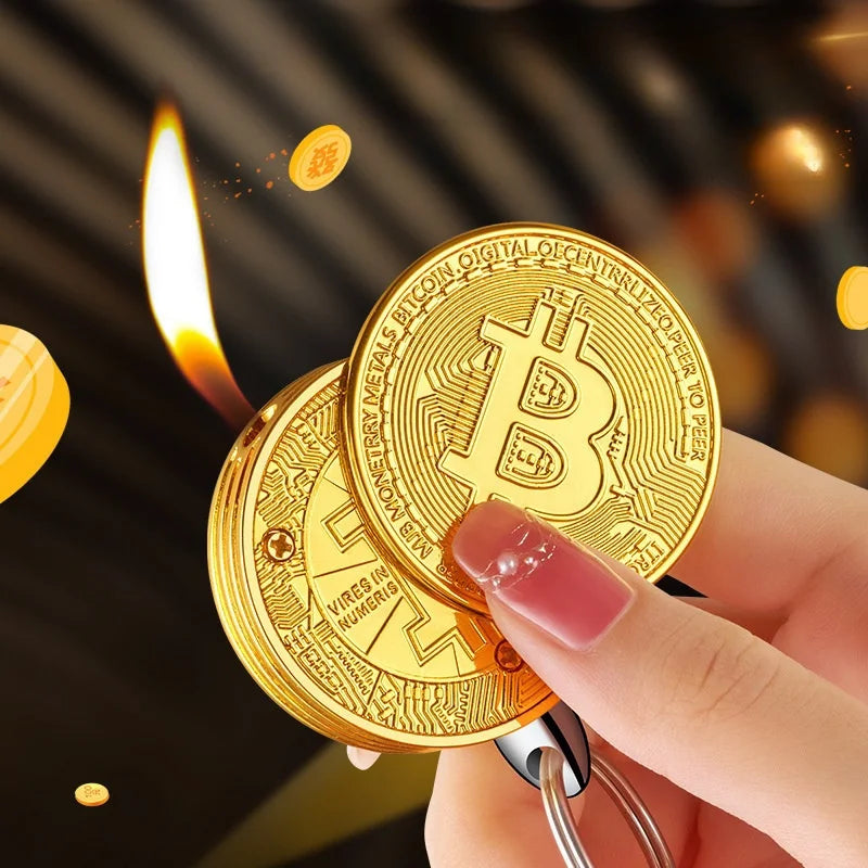 Metal Bitcoin Shaped Side Sliding Ignition Gas Lighter Portable Windproof Lighter for Men's Gifts Cigarette Accessories