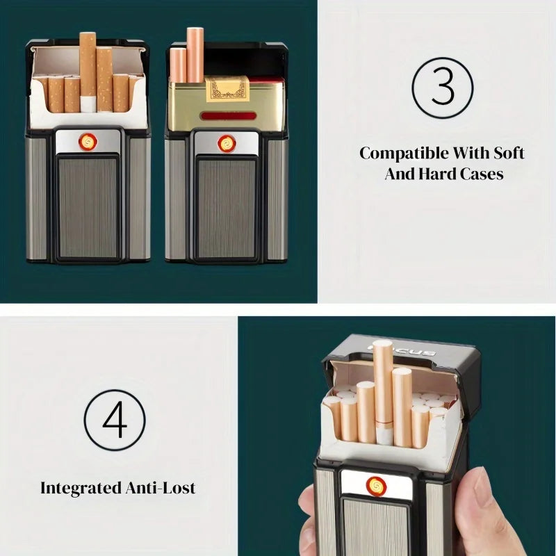 Cigarette Case with Lighter USB Rechargeable Windproof Tungsten Coil Igniter Holder Fits Soft & Hard Packs Holds 20 Cigarettes