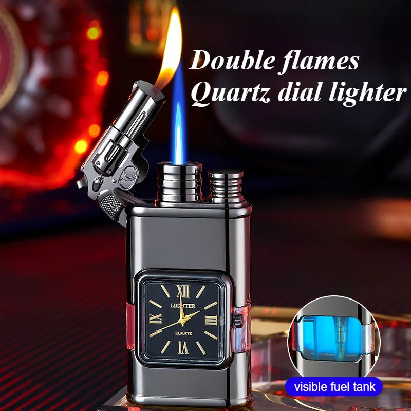 Gun Model Dual Flame Lighter with Watch Metal Windproof Torch Jet Open Flames Personalized Embossed Lighters for Men's Gifts