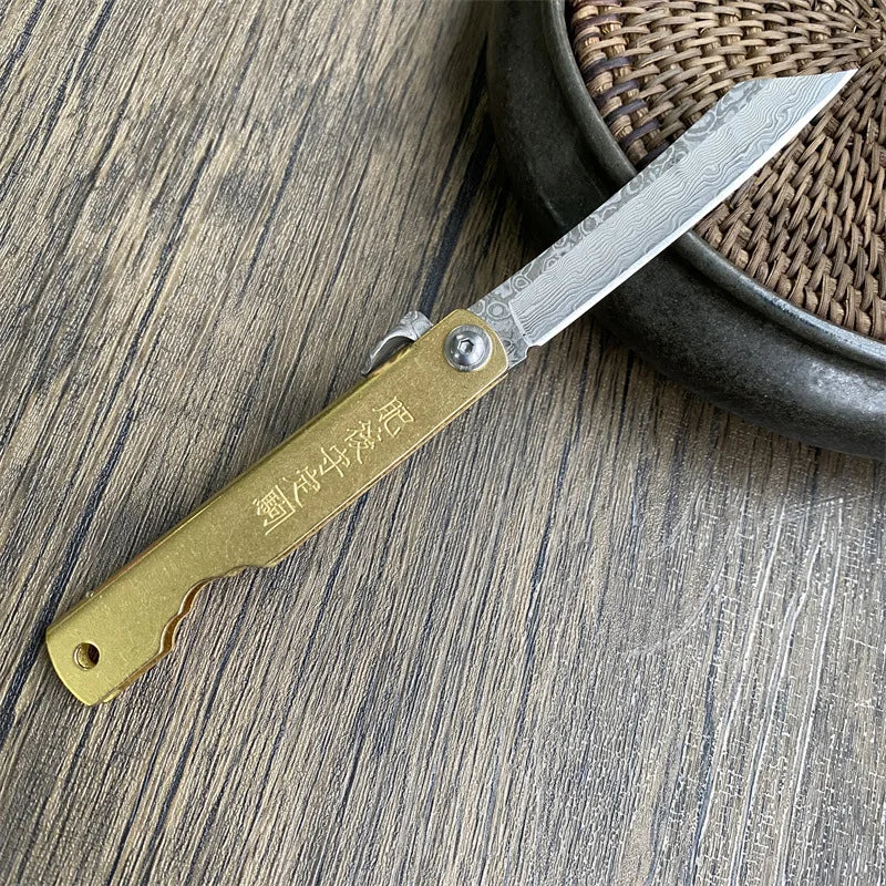 Bronze Handle Folding Knife Damascus Steel Blade A Versatile Cutting Knife for Both Emergency and Daily Use Perfect Gift for Men