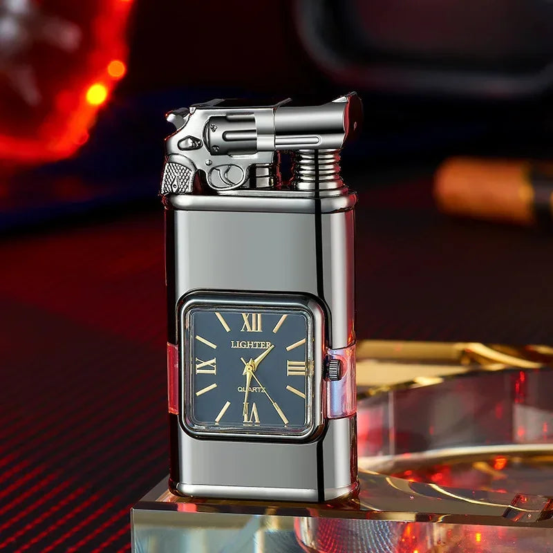 Gun Model Dual Flame Lighter with Watch Metal Windproof Torch Jet Open Flames Personalized Embossed Lighters for Men's Gifts