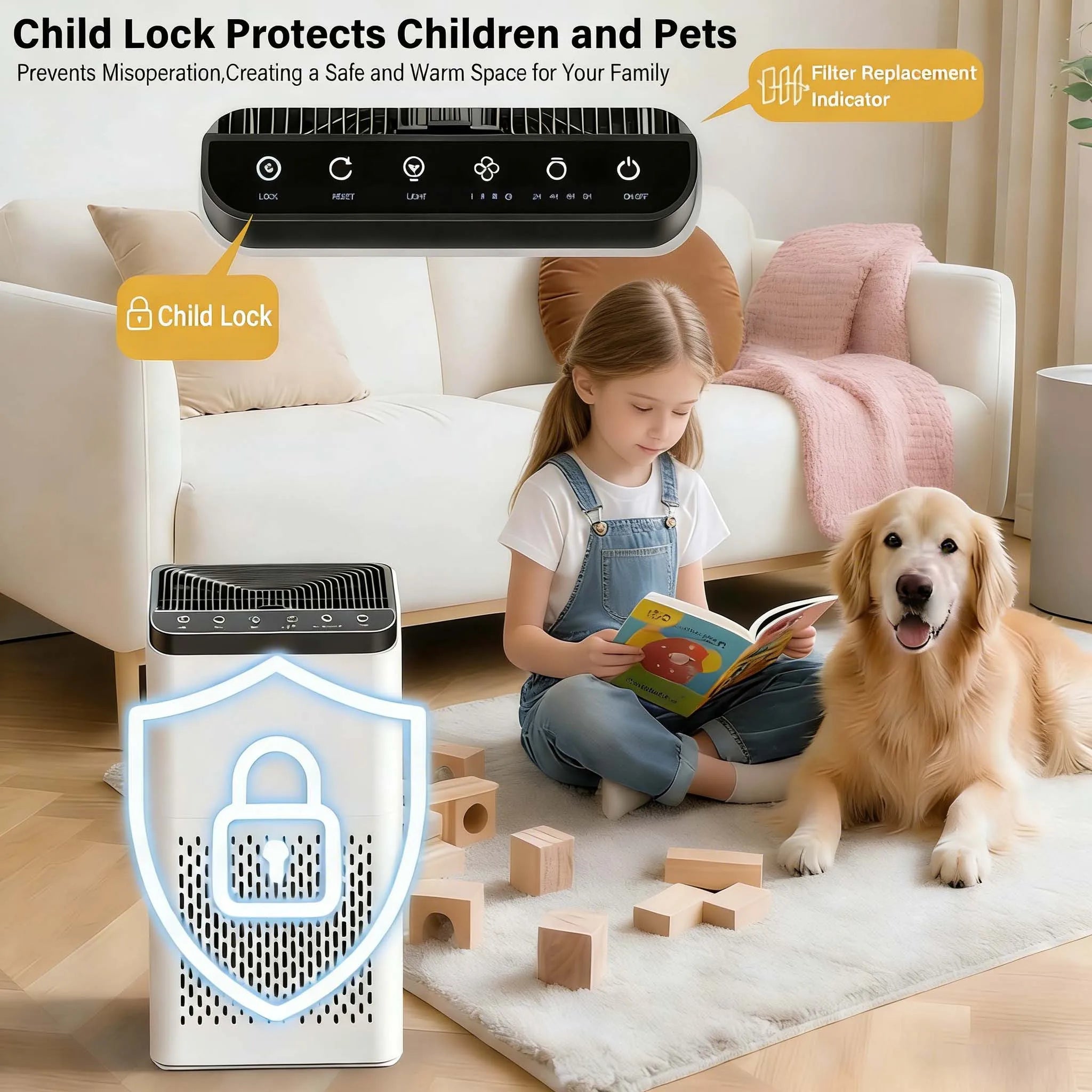Air Purifiers For Home Large Rooms, True HEPA AP001 For Bedroom Up To 60 Square Meter, 3 In 1 Filters, Air Quality Monitor