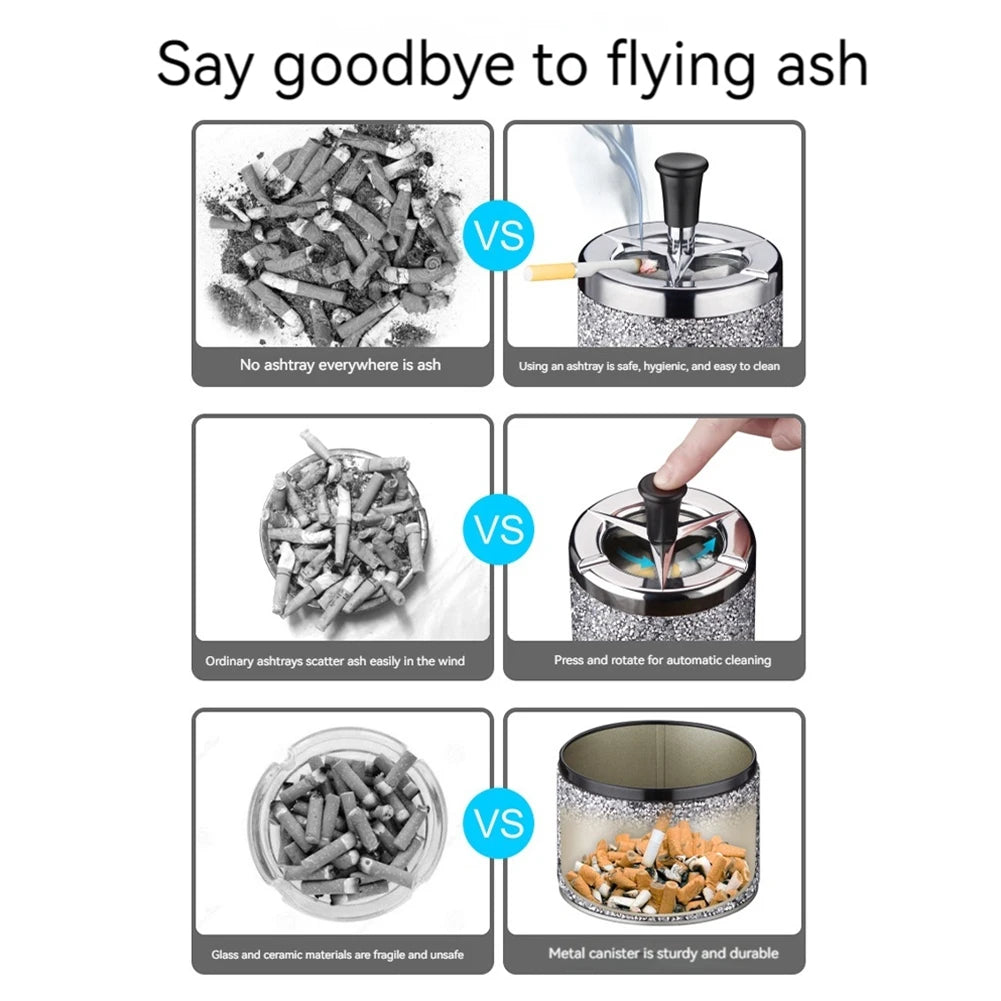 Push Down Ashtray with Lid Spinning Ashtray Windproof Car Ashtray Metal Desktop Ashtray for Cigarette Smoking