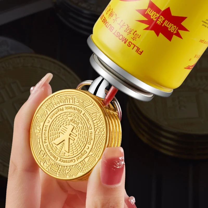 Metal Bitcoin Shaped Side Sliding Ignition Gas Lighter Portable Windproof Lighter for Men's Gifts Cigarette Accessories