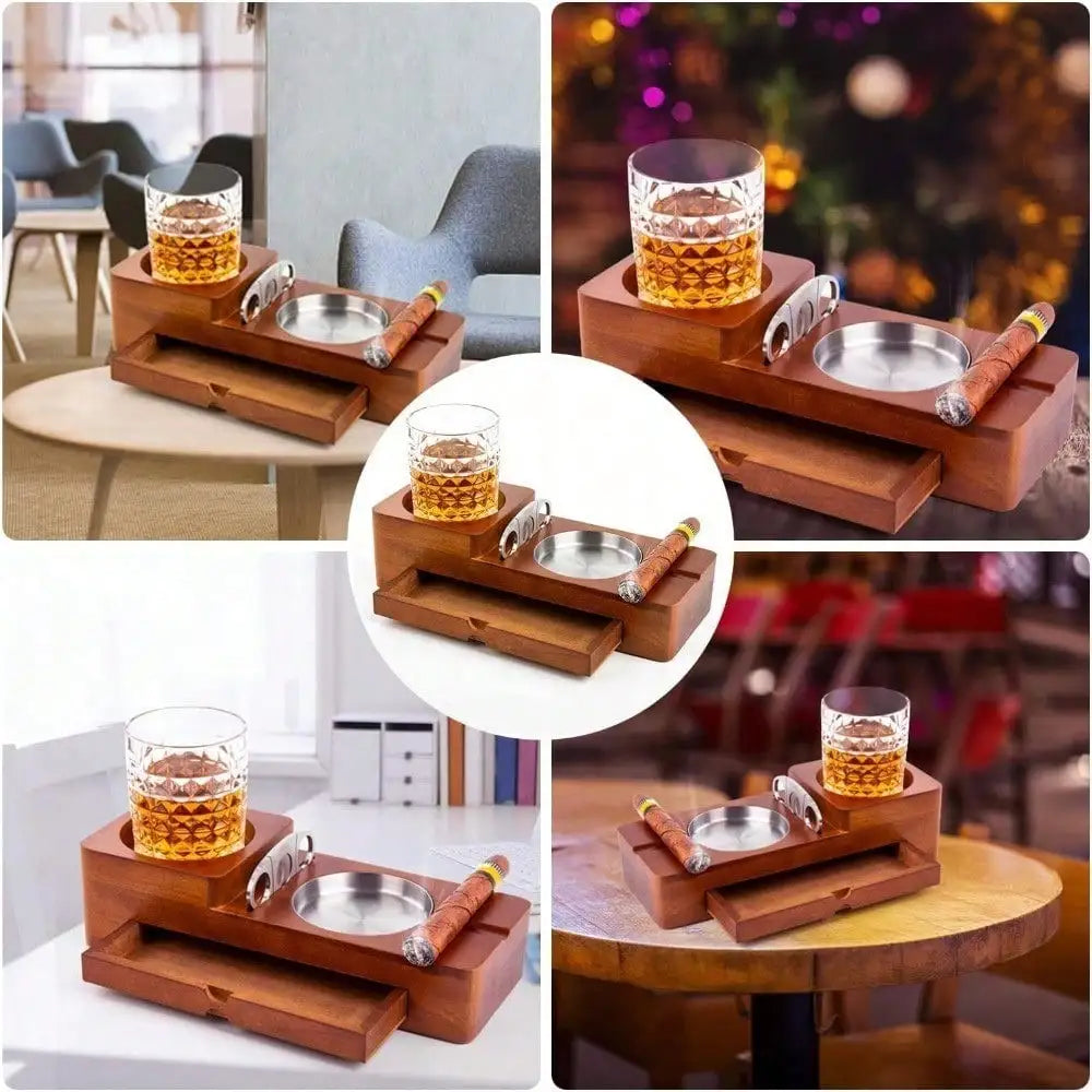 Cigar Ashtray Coaster Whiskey Glass Tray And Holder, Wooden Ash Tray Cigar Accessory Set Gift For Men Dad, Great Decor For Home (Large Drawer)