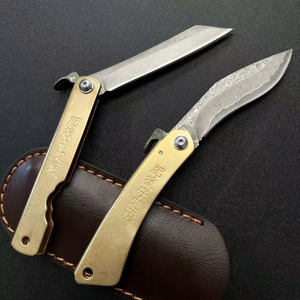 Bronze Handle Folding Knife Damascus Steel Blade A Versatile Cutting Knife for Both Emergency and Daily Use Perfect Gift for Men
