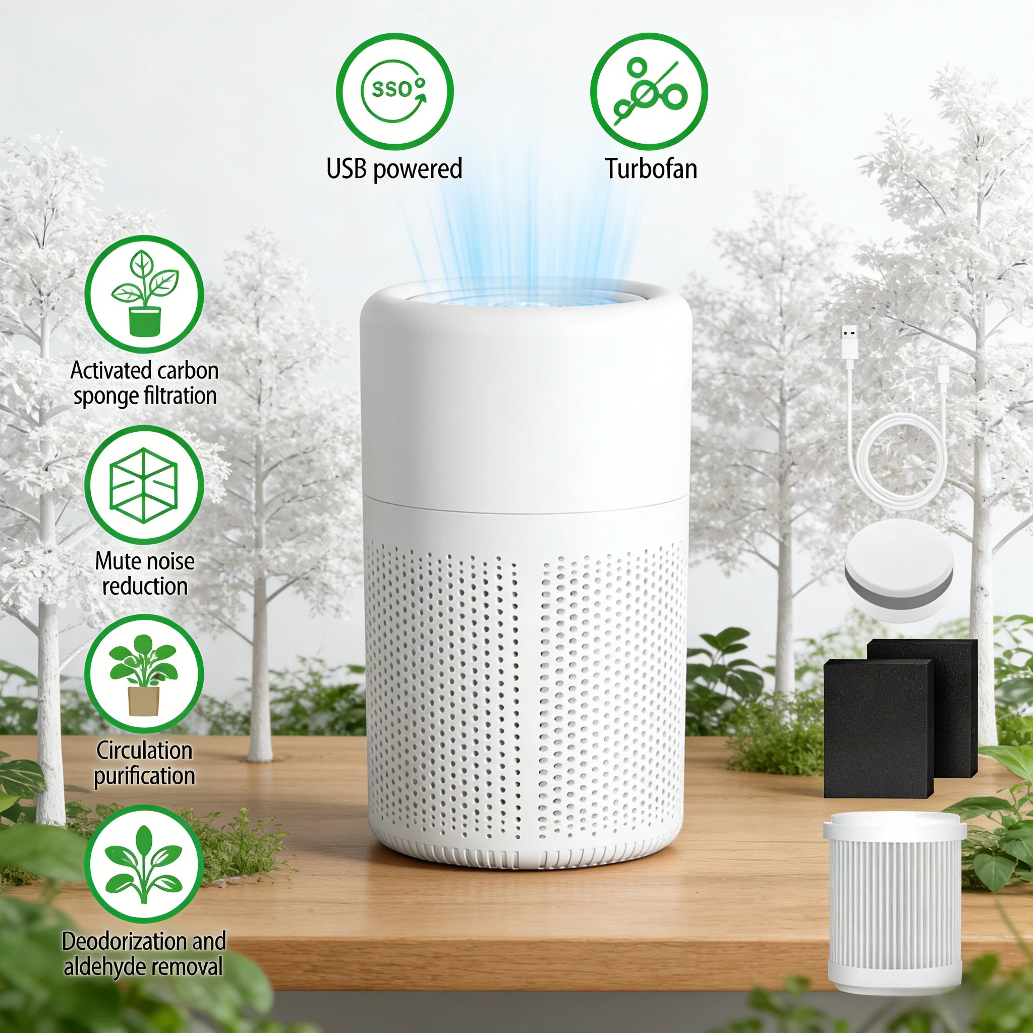 Air Purifier for Home Office Bedroom, Quiet Air Cleaner for Pets Formaldehyde Allergies, HEPA Filter Negative Ion USB Powered