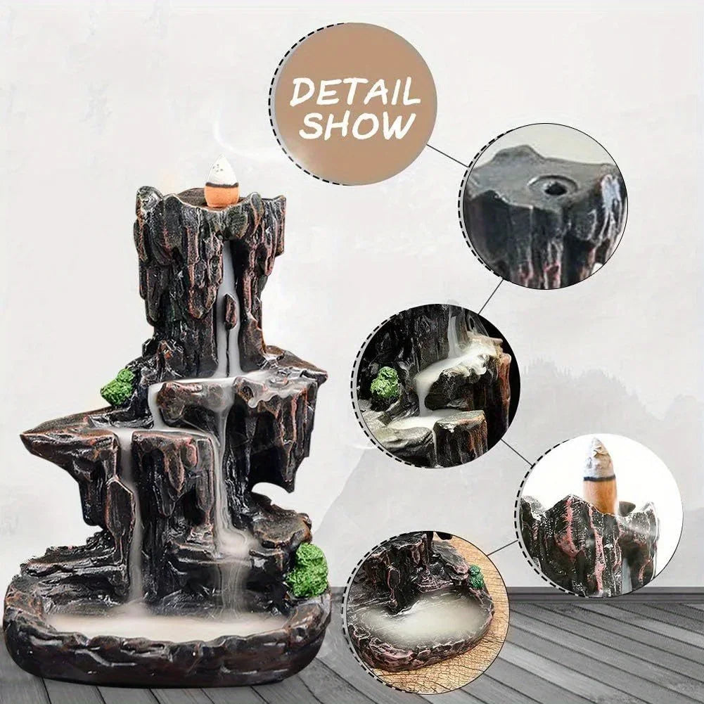 Waterfall Monk Incense Burner Mountain Tower Incense Holders Home Office Yoga Aromatcherapy Ornamen, Stone Brown