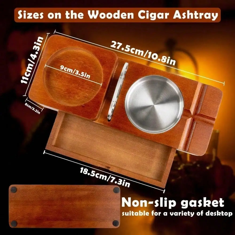 Cigar Ashtray Coaster Whiskey Glass Tray And Holder, Wooden Ash Tray Cigar Accessory Set Gift For Men Dad, Great Decor For Home (Large Drawer)