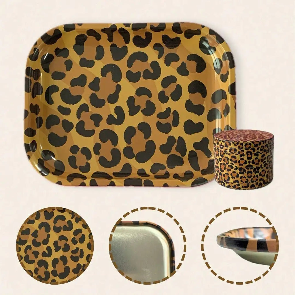 Cheetah Print Rolling Tray Set | Includes 180*140mm Rolling Tray, 4-Layers Aluminum Alloy Grinder |  Smoking Accessories Kit, For Friends, Families, And Smokers