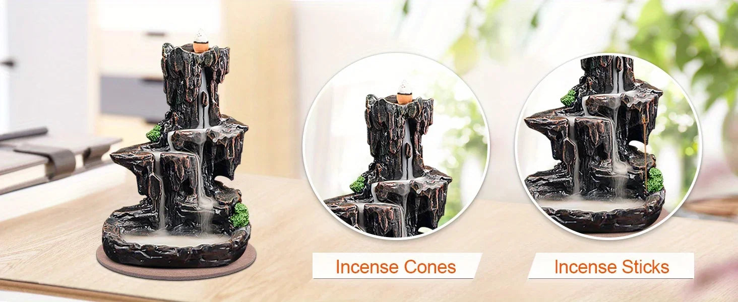 Waterfall Monk Incense Burner Mountain Tower Incense Holders Home Office Yoga Aromatcherapy Ornamen, Stone Brown