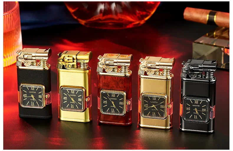 Gun Model Dual Flame Lighter with Watch Metal Windproof Torch Jet Open Flames Personalized Embossed Lighters for Men's Gifts