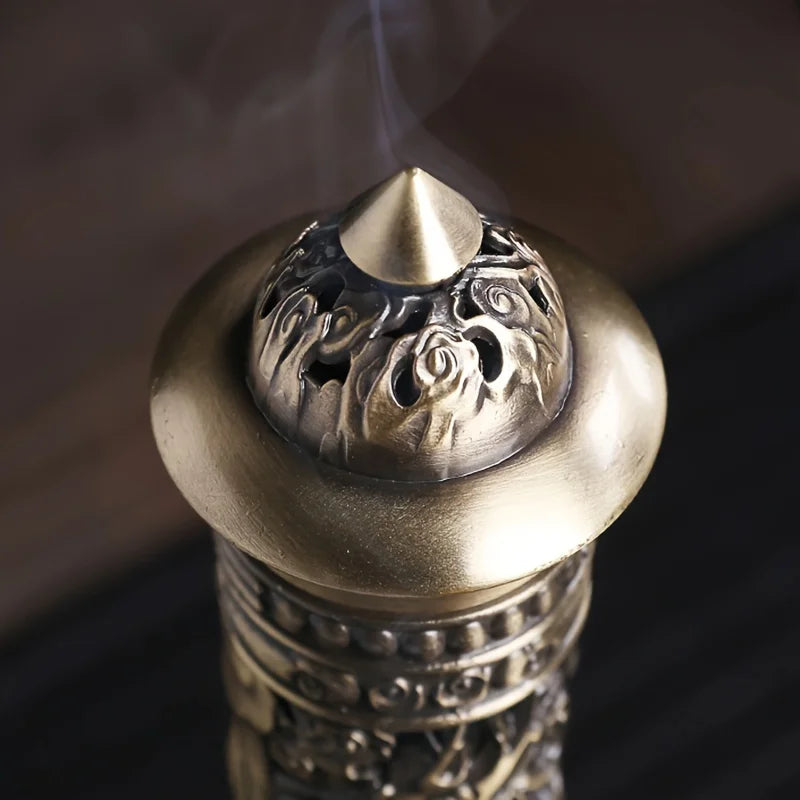 Retro Vertical Incense Burner Buddha Heart Sutra Dragon Phoenix Pillar Metal Incense Stick Home Office Ceremony Decoration