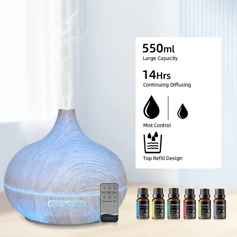 550ml Wood Grain Aromatherapy Diffuser & Humidifier with Remote Control, 6 Essential Oils Included, Ultrasonic Silent Operation