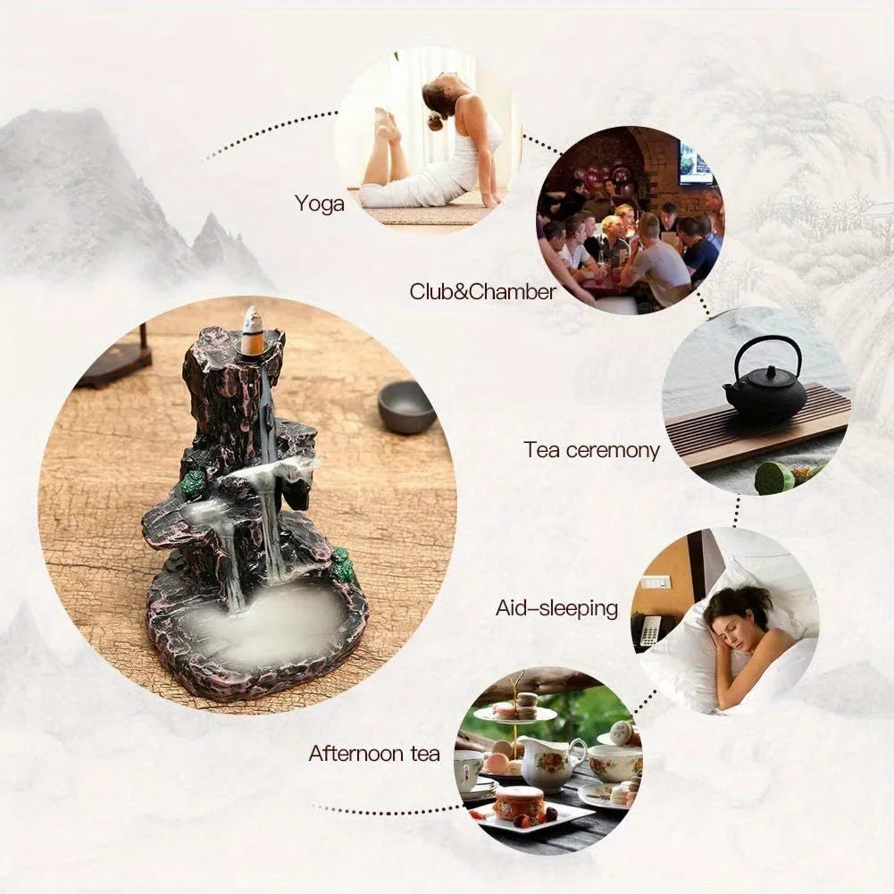 Waterfall Monk Incense Burner Mountain Tower Incense Holders Home Office Yoga Aromatcherapy Ornamen, Stone Brown