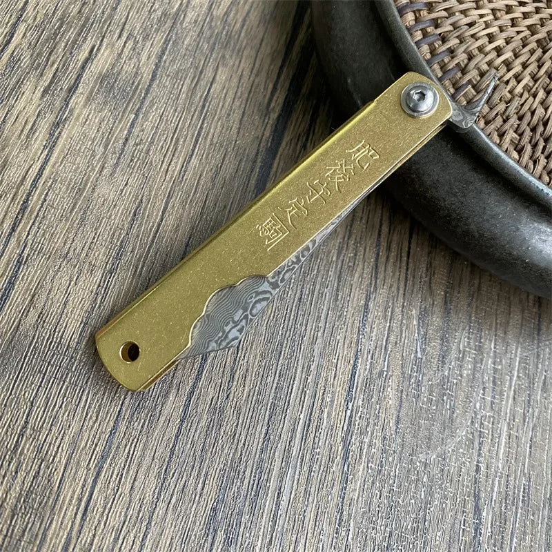 Bronze Handle Folding Knife Damascus Steel Blade A Versatile Cutting Knife for Both Emergency and Daily Use Perfect Gift for Men