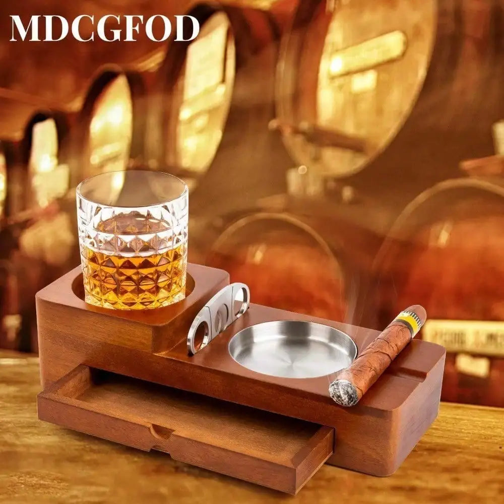Cigar Ashtray Coaster Whiskey Glass Tray And Holder, Wooden Ash Tray Cigar Accessory Set Gift For Men Dad, Great Decor For Home (Large Drawer)