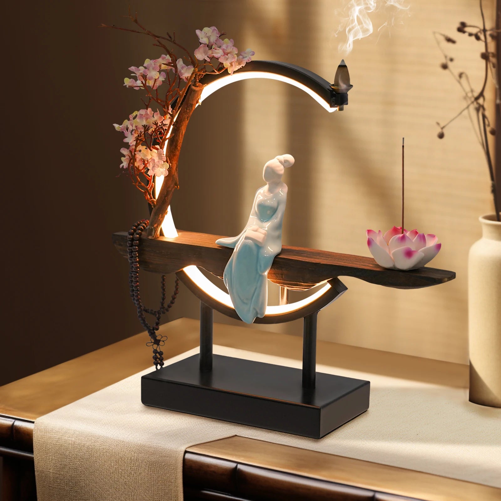 Backflow Incense Burner,Classical Backflow Incense Burner with LED Light,Decorative Incense Stand with Fake Peach Blossoms