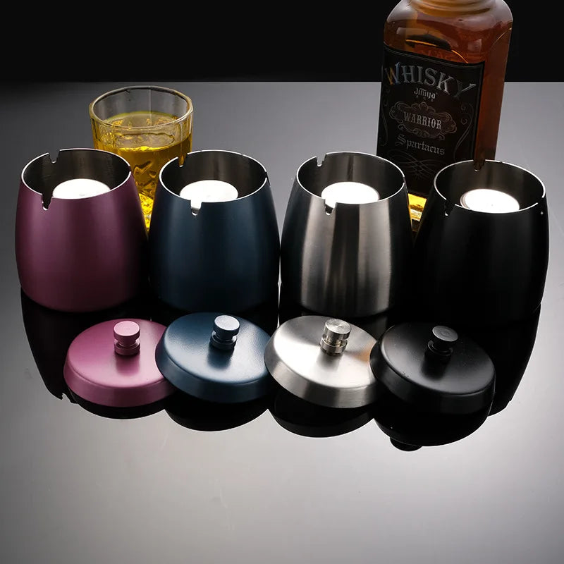 Portable Stainless Steel Ashtray U Groove, Creative Cigar Ashtrays with Cover, Windproof Smokeless Ashtray for Household Hotel