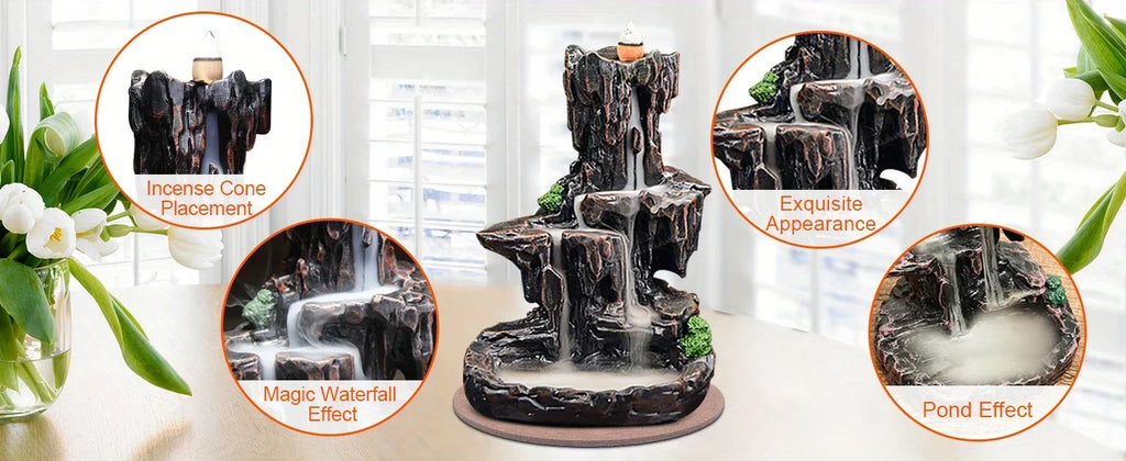 Waterfall Monk Incense Burner Mountain Tower Incense Holders Home Office Yoga Aromatcherapy Ornamen, Stone Brown