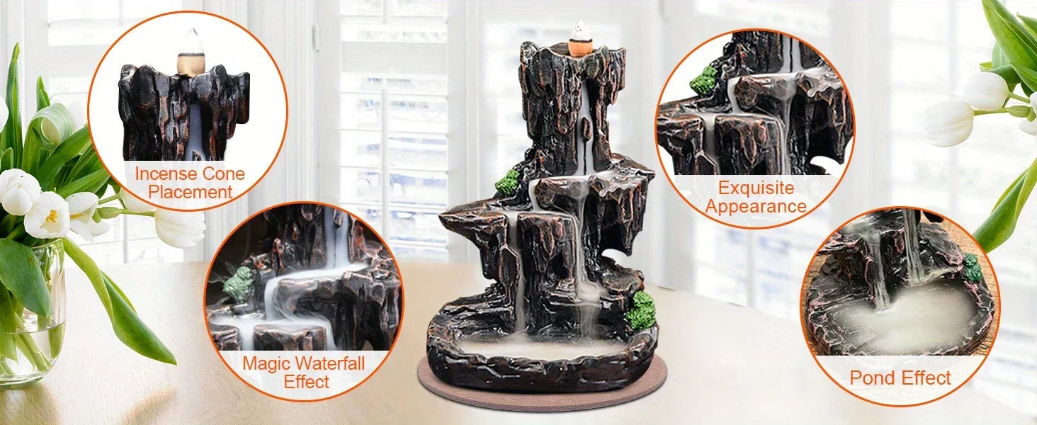 Waterfall Monk Incense Burner Mountain Tower Incense Holders Home Office Yoga Aromatcherapy Ornamen, Stone Brown